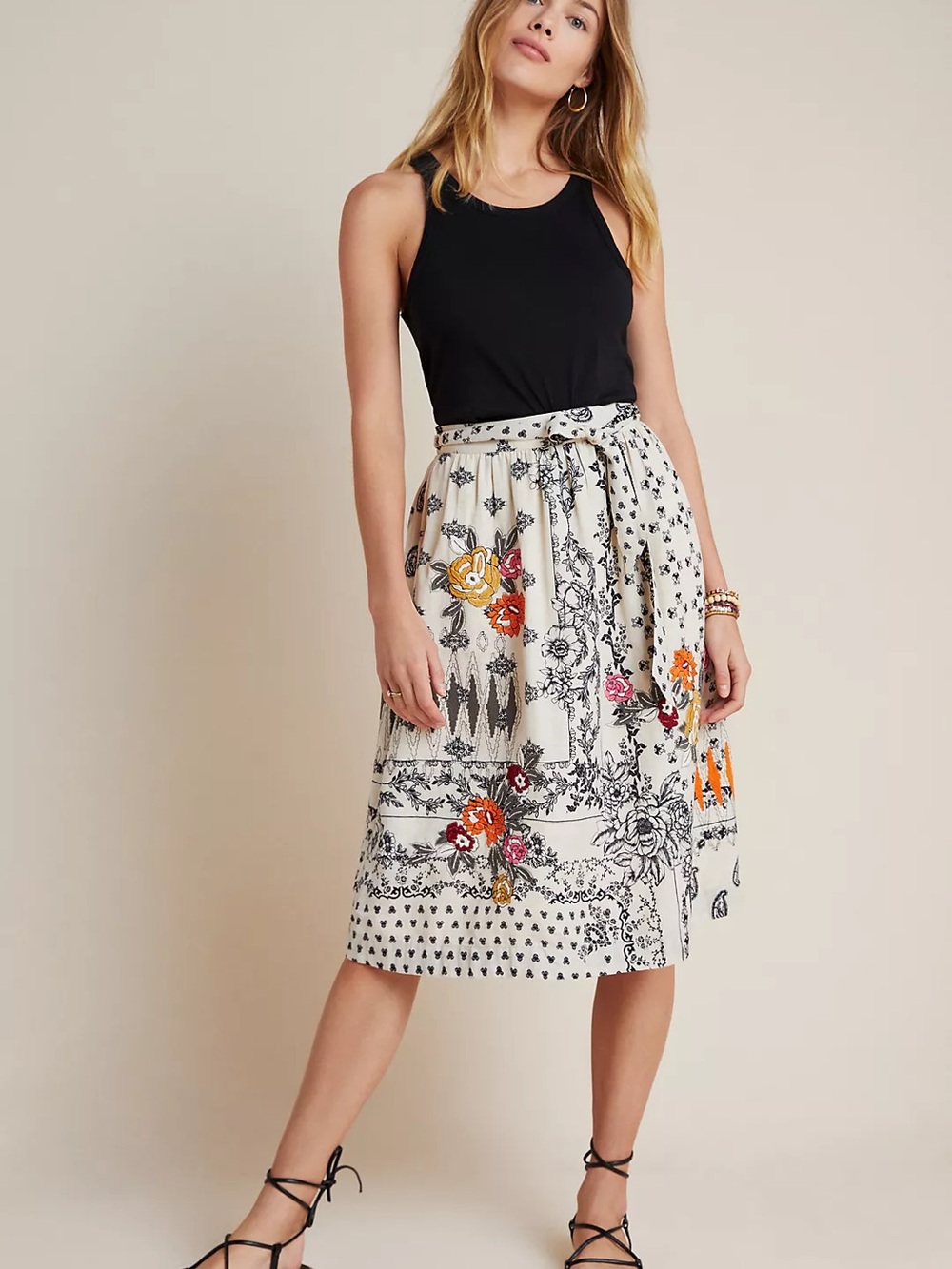 Floral Print Cream Midi Skirt with Tie Waist